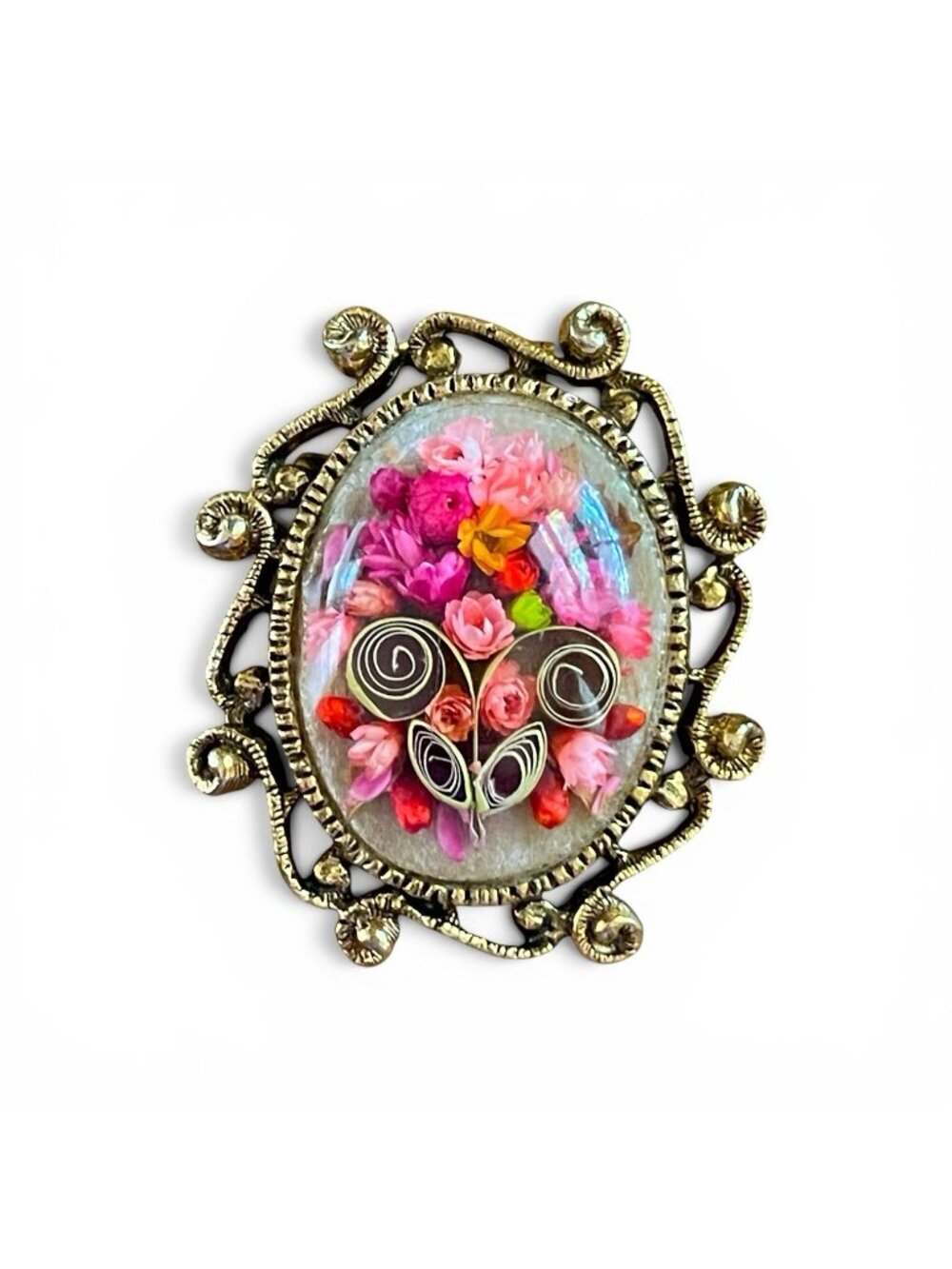 Vintage Floral Brooch Pendant Dried Paper Quilling Flowers Victorian Revival